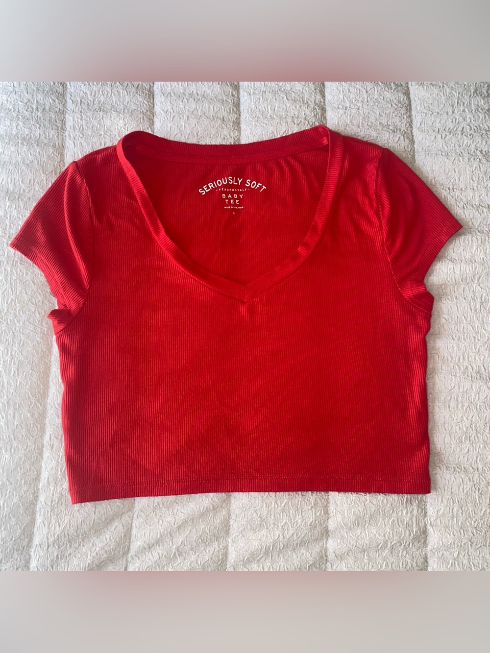 Aeropostale Red Ribbed V-Neck Cropped Tee